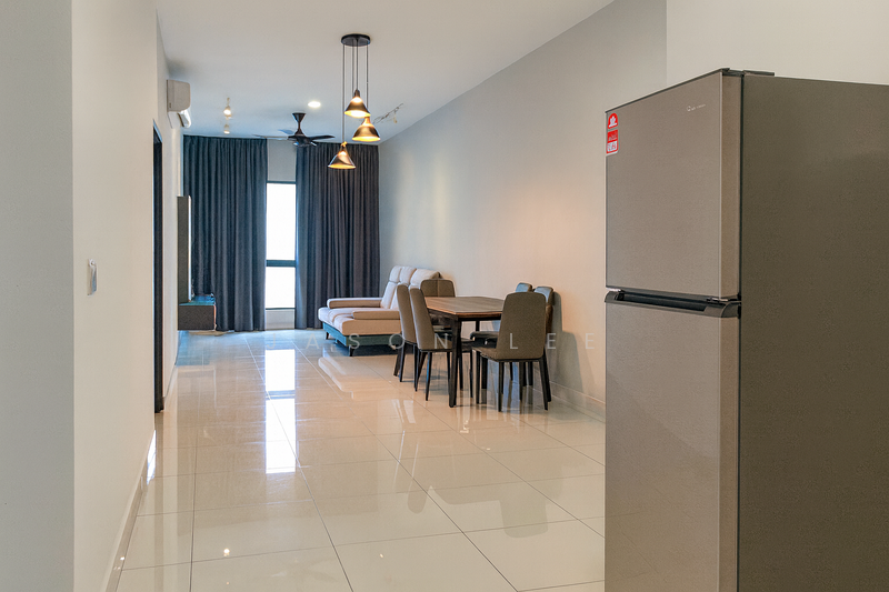 Living features: white painted walls, glossy tile flooring, 5-blade ceiling fan with light, sofa in beige, dining table for 4 with black chairs, floor-to-ceiling windows, curtains in dark grey, recessed downlights, fridge in stainless steel; style: modern.