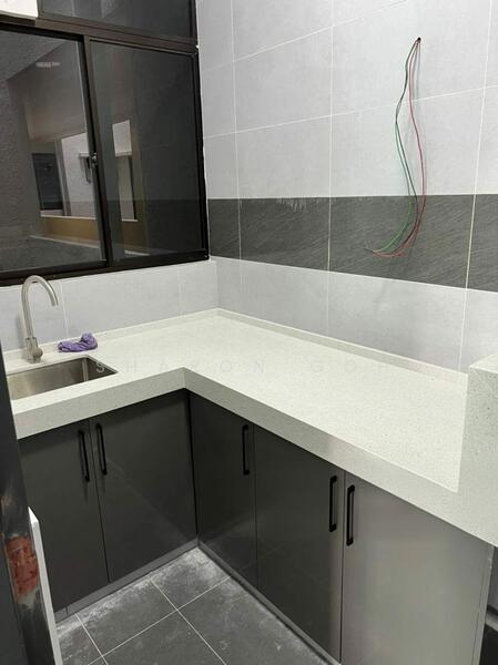 Kitchen features: single-bowl stainless-steel sink, chrome pull-down faucet, white quartz countertop, grey lower cabinetry with handle-less design, grey tiled backsplash, grey floor tiles, large window for natural light, exposed electrical wiring; style: modern.