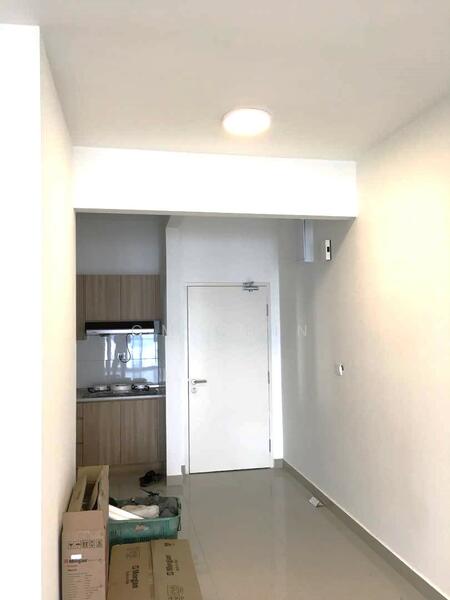 Room features: white painted walls, light grey tiled flooring, recessed ceiling light, kitchenette with wooden cabinetry, stainless-steel sink, built-in stove, white door, open space layout; style: modern.