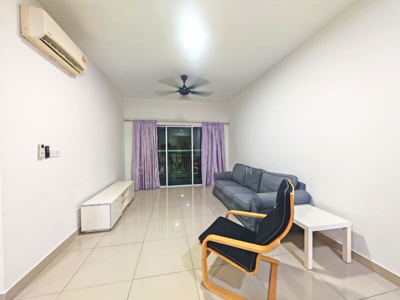 Living features: grey fabric sofa, white coffee table, white TV console, black armchair, 5-blade ceiling fan, wall-mounted split AC, floor-to-ceiling sliding glass door, purple sheer curtains, glossy tile flooring, white painted walls; style: modern.