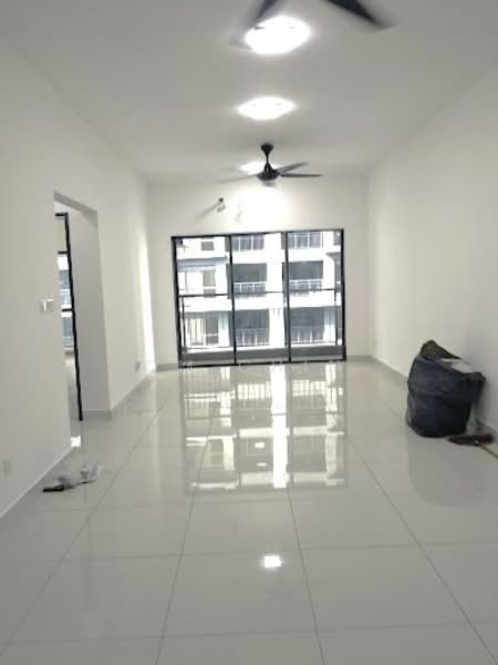 Living features: white painted walls, glossy ceramic tile flooring, 5-blade ceiling fan with light, floor-to-ceiling windows, sliding glass door, natural light from windows, open layout, neutral color scheme; style: modern.
