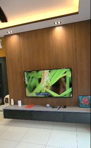 Living features: wall-mounted TV, wood panel accent wall, recessed lighting, white ceramic tile flooring, grey low-profile TV console, decorative artwork, decorative plant, decorative vase, shelf with decorative items; style: modern.