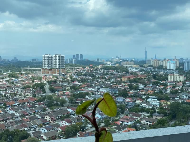 Exterior type: high-rise condominium; features: city skyline view, surrounded by residential areas, greenery in foreground, high-rise buildings in background, varied architectural styles in housing, urban landscape, cloudy sky; style: modern.