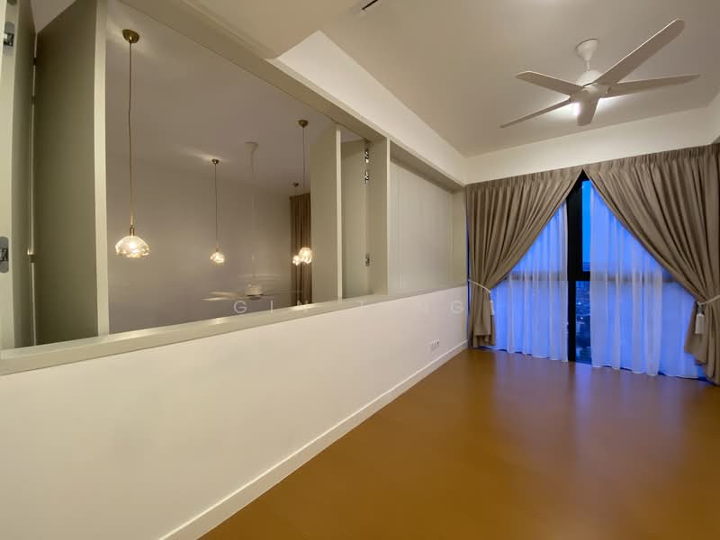 Living features: wooden flooring, floor-to-ceiling windows, sheer curtains, dropped ceiling, 3-blade ceiling fan, pendant lighting, neutral wall colour, open layout, city view; style: modern; view: city.