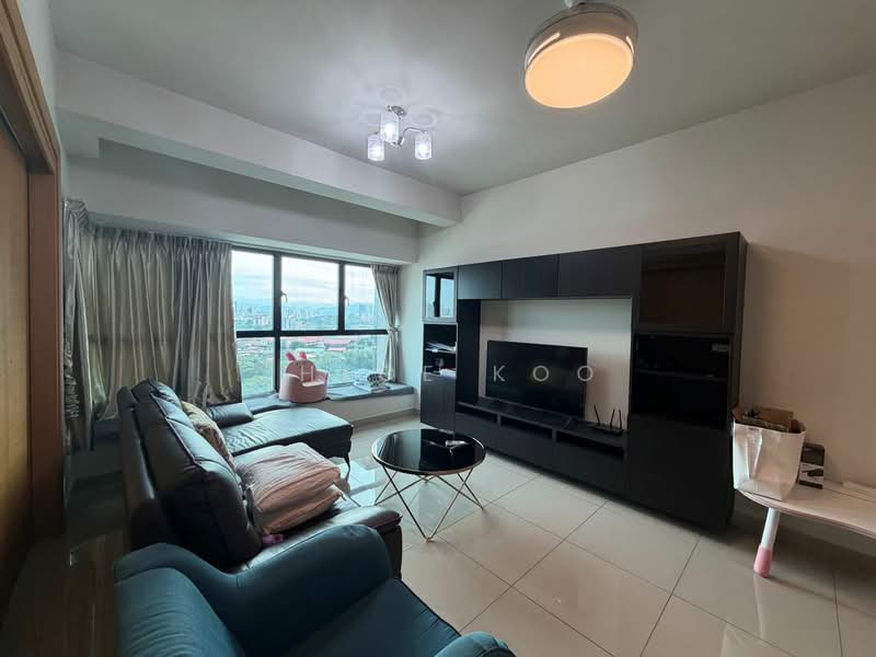 Living features: floor-to-ceiling windows, grey curtains, 3-seater leather sofa in dark blue, 2-seater fabric sofa in light grey, round glass coffee table, TV console with storage, wall-mounted TV, recessed ceiling lights, white painted walls, glossy tile flooring; style: modern; view: city.