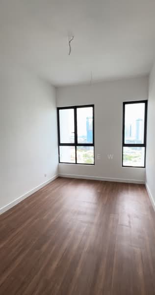 Room features: white painted walls, laminate flooring, floor-to-ceiling windows, city view; style: modern; view: city.