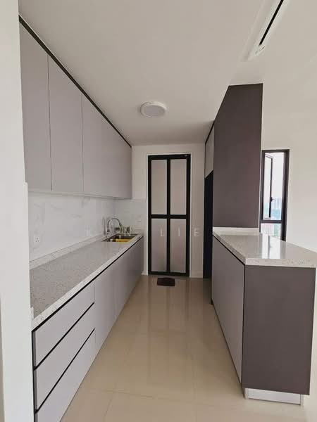 Kitchen features: grey cabinetry, white granite countertop, single-bowl stainless-steel sink, chrome pull-down faucet, built-in cabinets, sliding door, wall-mounted light fixture, glossy tile flooring; style: modern.