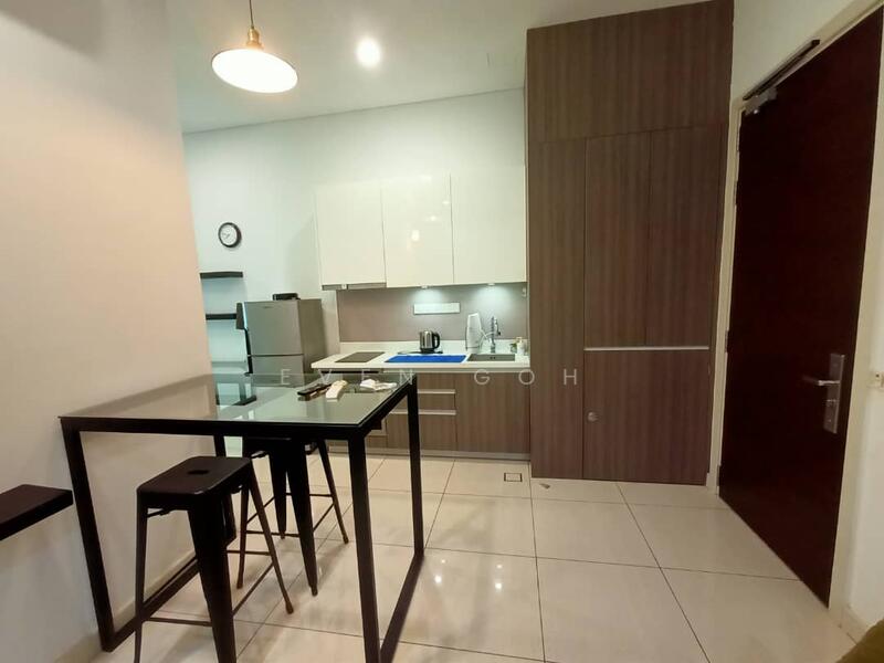 Kitchen features: white high-gloss cabinetry, brown wood cabinetry, black countertop, stainless-steel sink, chrome pull-down faucet, built-in stove, built-in oven, refrigerator, pendant light, bar table with black stools, white tiled flooring, wall clock, under-cabinet lighting; style: modern.