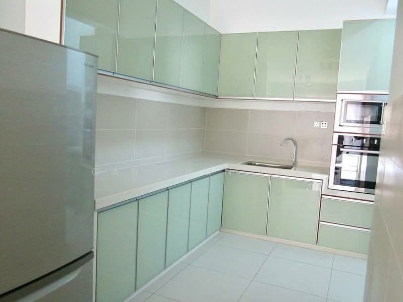 Kitchen features: green glass cabinetry, white quartz countertop, stainless-steel fridge, built-in oven, built-in microwave, single-bowl stainless-steel sink, chrome pull-down faucet, ceramic tile flooring, wall-mounted cabinets, tile backsplash, recessed downlights; style: modern.
