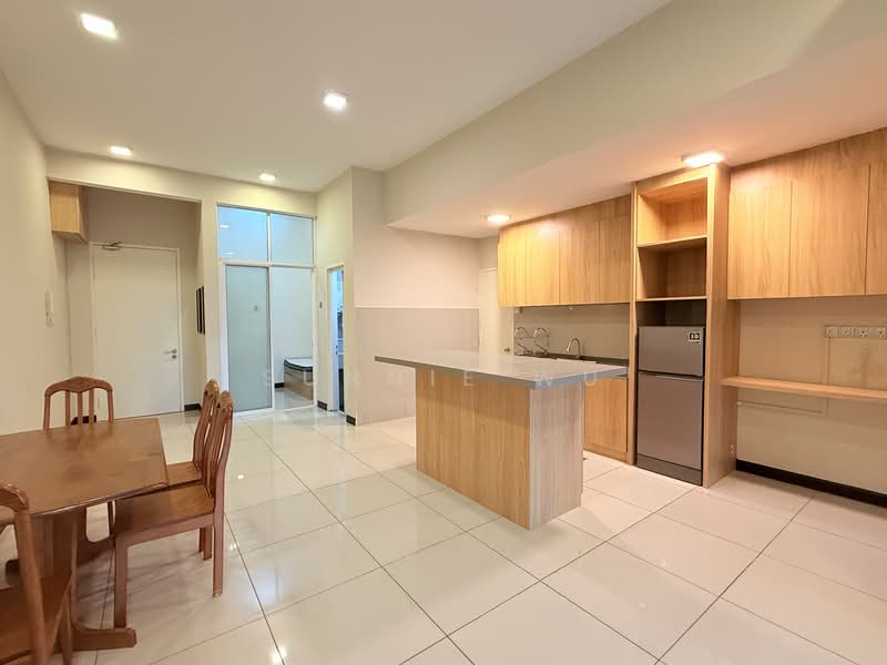 Kitchen features: white painted walls, glossy white tile flooring, wood cabinetry, kitchen island with countertop, stainless-steel sink, chrome pull-down faucet, built-in refrigerator, two-burner gas hob, recessed downlights, open shelving, dining table with wooden chairs; style: modern.