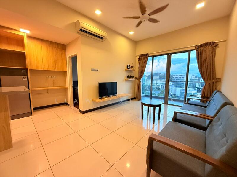 Living features: white painted walls, glossy tile flooring, 5-blade ceiling fan with light, floor-to-ceiling windows, sliding glass door, curtains, TV console, wall-mounted TV, 2-seater fabric sofa in grey, wooden armchair, coffee table, decorative shelf; style: modern; view: city. Kitchen features: wood cabinetry, stainless-steel fridge, built-in oven, ceramic cooktop, kitchen island, sink, countertop; style: modern.