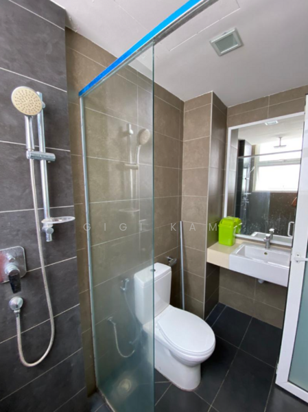 Bathroom features: walk-in shower with glass enclosure, rain shower head, handheld shower, chrome basin mixer, single-sink vanity with white cabinet, framed mirror, one-piece toilet, grey tiled walls, black tile flooring, recessed downlights; style: modern.