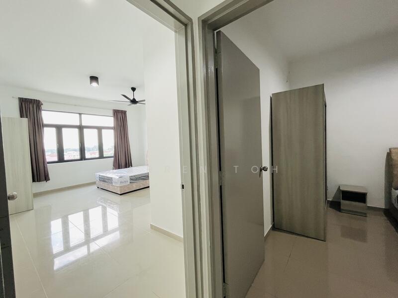 Room features: white painted walls, glossy tile flooring, 5-blade ceiling fan with light, large windows with city view, brown wooden wardrobe, grey bed frame, nightstand, unmade bed with mattress; style: modern; view: city.