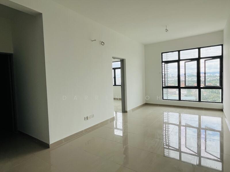 Room features: white painted walls, glossy ceramic tile flooring, floor-to-ceiling windows, natural light from windows, city view from windows, recessed ceiling lights, single ceiling light fixture, open layout; style: modern; view: city.