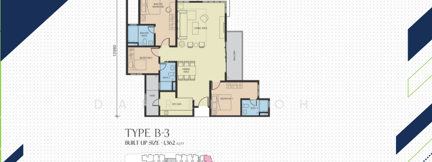 Floor plan: 3-bedroom 2-bathroom unit; features: open-plan kitchen-dining-living, master bedroom with ensuite bathroom, bedroom 2 with shared bathroom, utility room, balcony off living room, central foyer, 2 car porch, 1,582 sqft built-up.