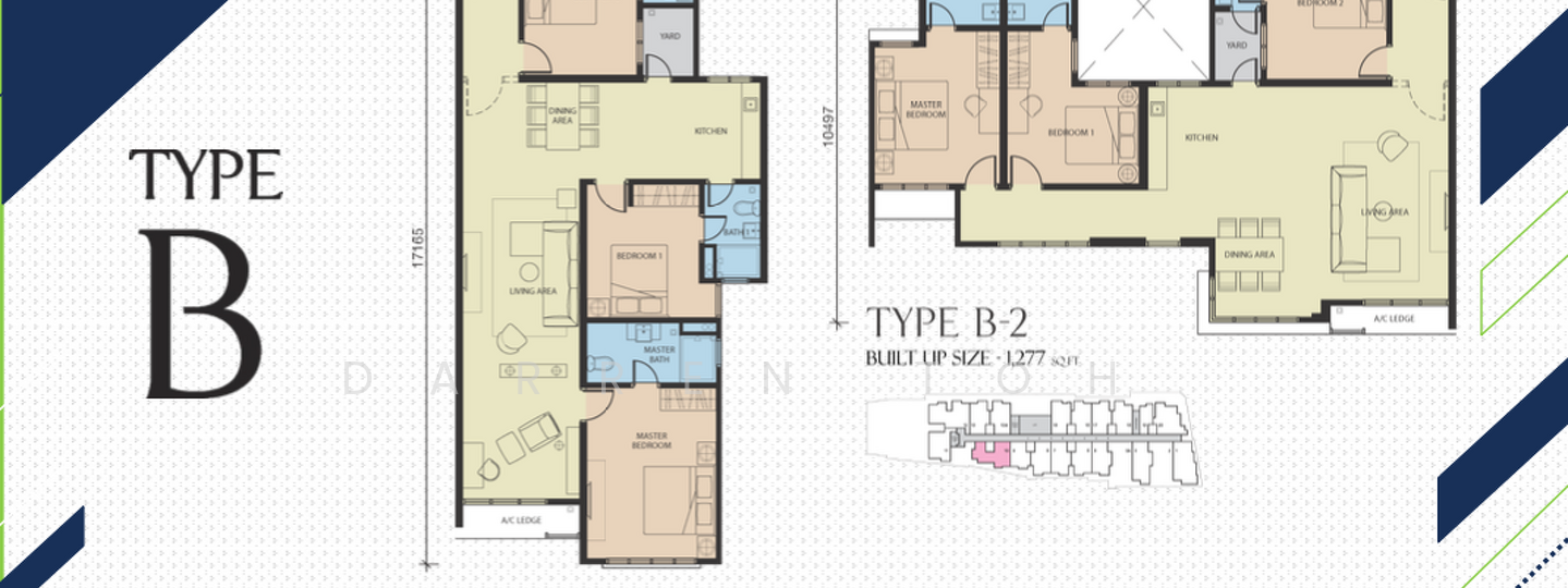 Floor plan: 3-bedroom 2-bathroom unit; features: open-plan kitchen-dining-living, master bedroom with ensuite bathroom, balcony off living room, utility room, laundry area, central foyer, 2 car porch, 1,277 sqft built-up.