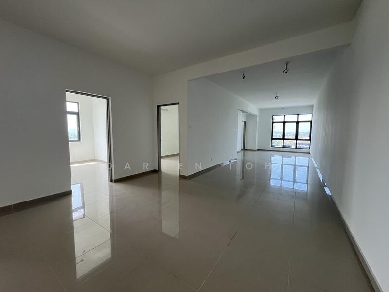 Room features: white painted walls, glossy ceramic tile flooring, large windows with city view, recessed downlights, open layout, multiple doorways, neutral color scheme, high ceiling; style: modern; view: city.