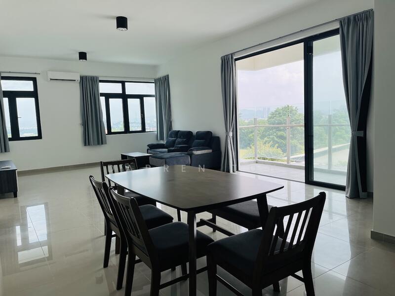 Living features: floor-to-ceiling windows, grey curtains, 3-seater fabric sofa in dark blue, 2-seater fabric sofa in dark blue, dining table with 4 chairs, polished ceramic tile flooring, recessed downlights, air conditioning unit on wall, view of greenery, open layout; style: modern; view: garden.