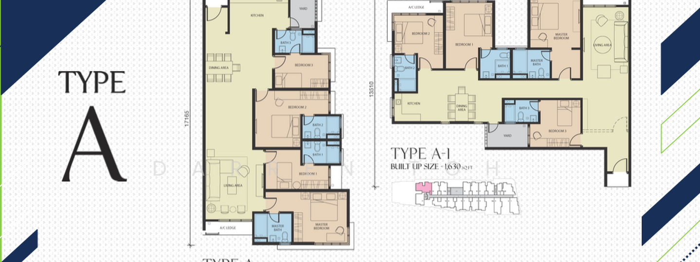 Floor plan: 4-bedroom 3-bathroom unit; features: open-plan kitchen-dining-living, master bedroom with ensuite bathroom, balcony off living room, utility room, central foyer, 2 car porch, 1,250 sqft built-up, north-facing master.