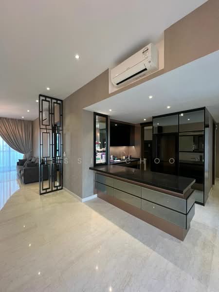 Kitchen features: marble flooring, island countertop with dark surface, black cabinetry with glass fronts, built-in refrigerator, built-in oven, recessed LED downlights, wall-mounted split AC, open layout, decorative partition, floor-to-ceiling windows, curtains, living area visible in background; style: modern.