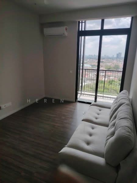 Living features: 3-seater fabric sofa in light grey, wooden flooring, floor-to-ceiling windows, sliding glass door, wall-mounted split AC, city view, neutral wall colour, natural light from windows; style: modern; view: city.