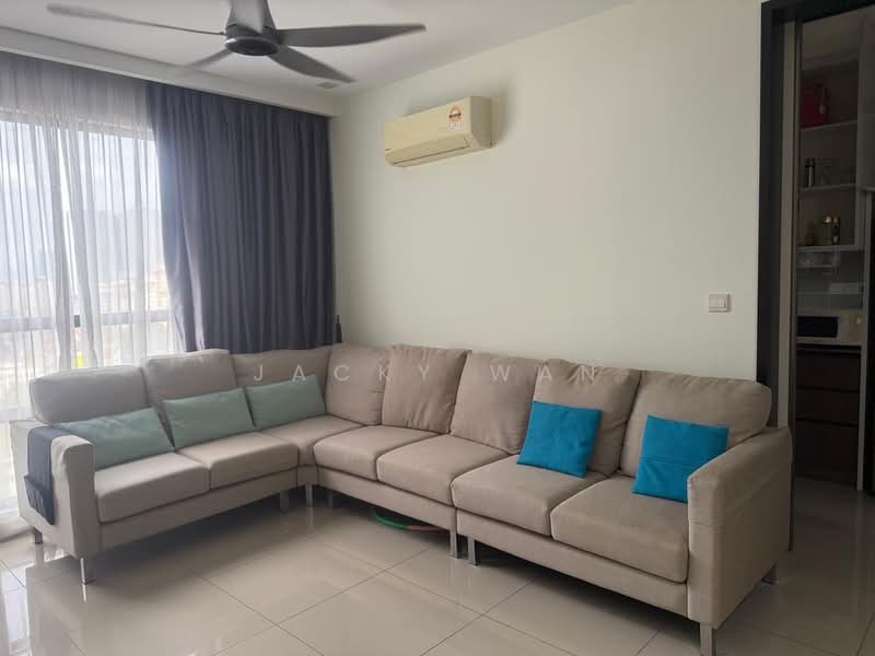 Living features: L-shape sectional sofa in light grey, decorative cushions in turquoise, wall-mounted split AC, floor-to-ceiling windows with sheer curtains, light-coloured walls, glossy tile flooring, ceiling fan with integrated light, neutral-coloured area rug; style: modern; view: city.
