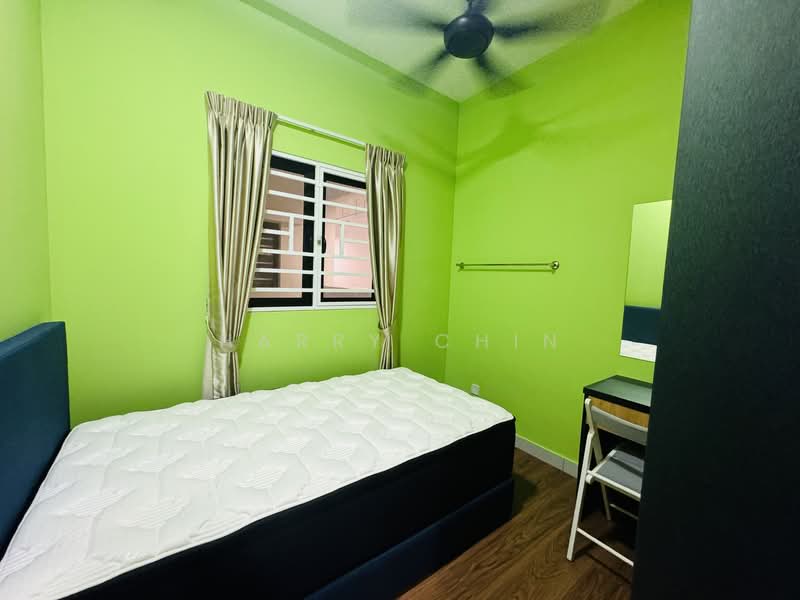 Bedroom features: green painted walls, wood laminate flooring, queen-size bed, upholstered headboard, bedside table, desk with chair, window with black frame, curtains, ceiling fan; style: modern.