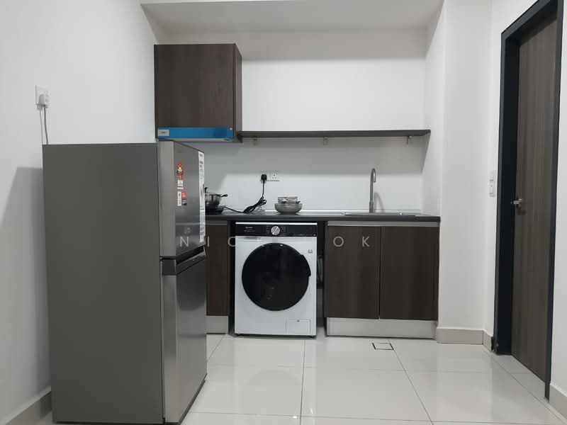 Kitchen features: grey cabinetry, black countertop, stainless-steel sink, chrome pull-down faucet, built-in stove, refrigerator, front-load washing machine, wall-mounted shelf, ceramic tile flooring, white walls, LED ceiling lights; style: modern.