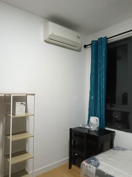 Room features: white painted walls, light wood flooring, 1 wall-mounted split AC, floor-to-ceiling window, blue curtains, black table, open shelving unit, bed with patterned bedding; style: modern; view: city.