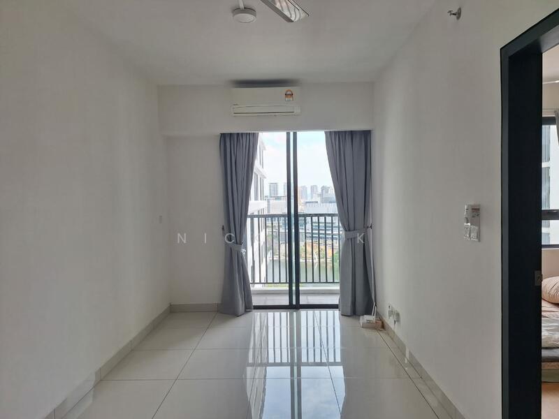 Room features: white painted walls, grey floor tiles, floor-to-ceiling windows, sliding glass door, curtains, 1 wall-mounted split AC, light fixture on ceiling; style: modern; view: city.