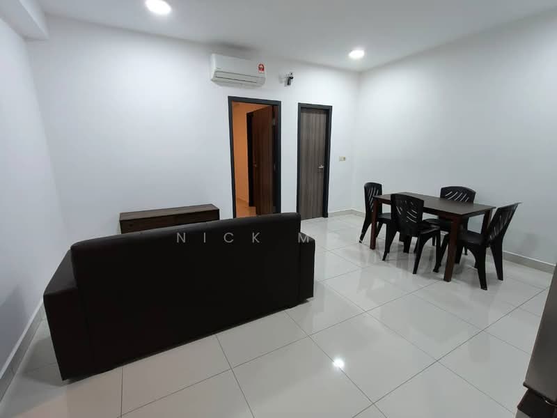 Living features: 3-seater fabric sofa in dark brown, wooden coffee table, dining table for 4 with black plastic chairs, white painted walls, glossy white tile flooring, 1 wall-mounted split AC, recessed LED downlights, doorway leading to another room, door leading to hallway; style: modern.