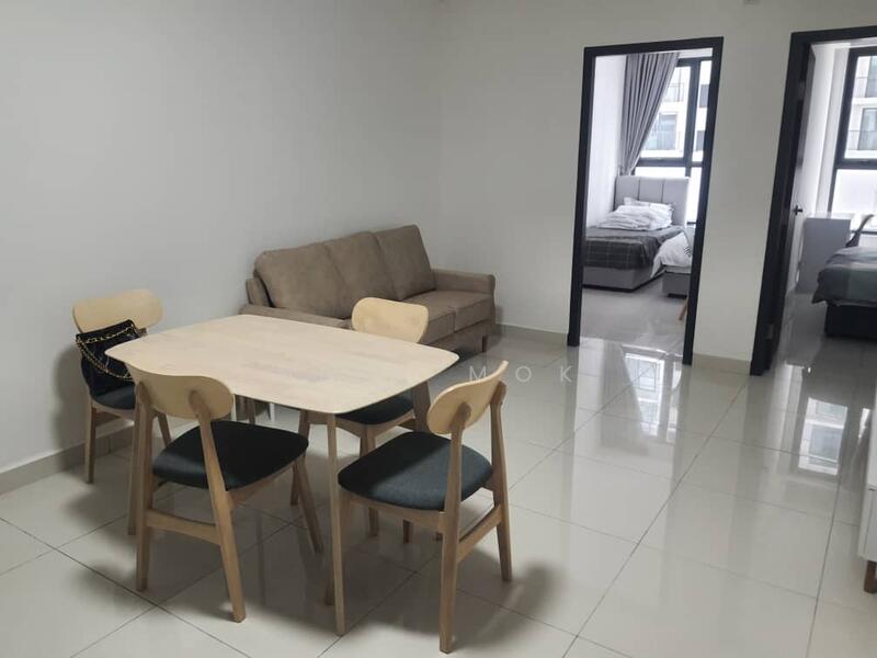 Dining features: round dining table, 4 wooden dining chairs, beige fabric sofa, white painted walls, glossy tile flooring, floor-to-ceiling windows, curtains, neutral color scheme; style: modern. Bedroom features: queen-size bed, bedding, bedside table, white painted walls, curtains, carpet flooring. Bedroom2 features: single bed, bedding, white painted walls, curtains, carpet flooring.