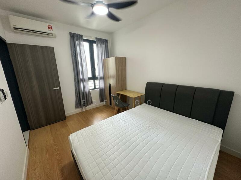 Bedroom features: queen-size bed, upholstered headboard, wooden flooring, 1 wall-mounted split AC, ceiling fan, study desk, wooden wardrobe, floor-to-ceiling window, grey curtains, white painted walls; style: modern.