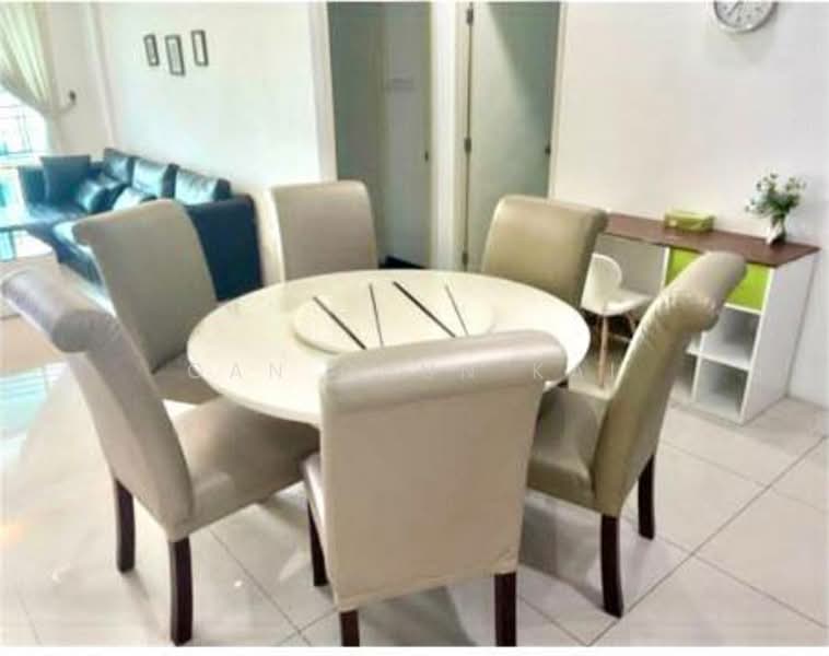 Dining features: round dining table, 6-seater dining table, upholstered dining chairs in cream and beige, white table top, wooden legs on table, ceramic floor tiles, decorative wall art, neutral wall color, natural light from window, open layout to living area; style: modern.