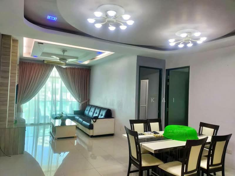 Living features: grey painted walls, white ceiling with recessed lighting, 5-blade ceiling fan with integrated LED light, 3-seater black leather sofa, 2-seater white leather sofa, glass coffee table, dining table with 6 chairs, large floor-to-ceiling windows with sheer curtains, tile flooring, decorative wall with wood paneling, LED strip lighting in ceiling, green decorative bowl on dining table; style: modern; view: city.