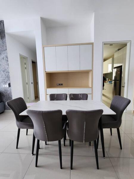 Dining features: 6-seater dining table with marble top, upholstered dining chairs in grey, white cabinetry with wooden accents, grey accent wall, large floor tiles, recessed lighting, open layout to kitchen, neutral color palette; style: modern.