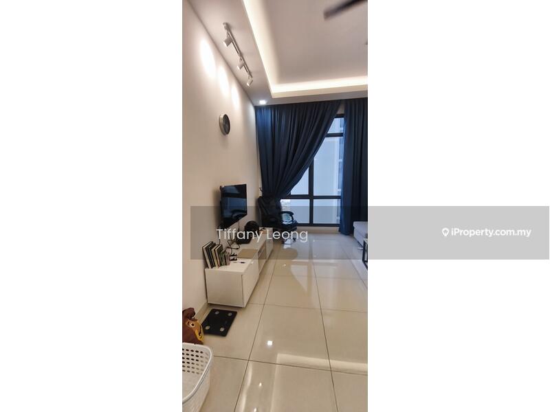 Living features: white painted walls, glossy tile flooring, recessed downlights, floor-to-ceiling windows, dark blue curtains, wall-mounted TV, white TV console, decorative clock, sofa, basket for storage; style: modern; view: city.