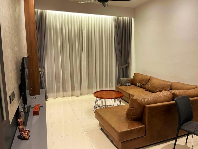 Living features: 3-seater brown leather sofa, coffee table with metal base, wall-mounted TV, TV console, floor-to-ceiling windows, sheer curtains, grey curtains, recessed lighting, cream tiled flooring, decorative statue, wall-mounted shelving; style: modern.