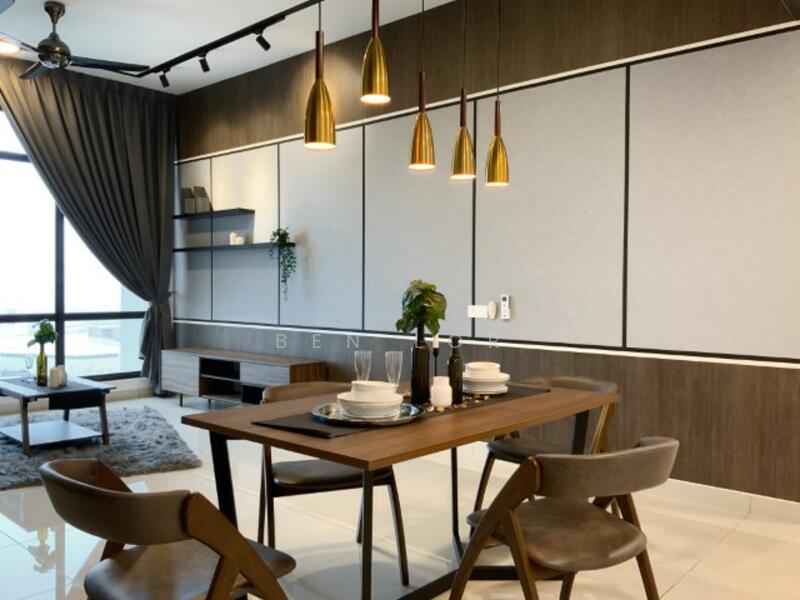 Dining features: wood dining table, 4 dining chairs, pendant lighting with gold finish, grey accent wall, white wall panels, floor-to-ceiling windows, light grey area rug, wooden sideboard, decorative plant, wall-mounted shelving; style: modern; view: city.
