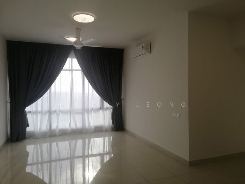 Living features: large floor-to-ceiling windows, sheer curtains, blackout curtains, 5-blade ceiling fan with light, wall-mounted split AC, glossy marble flooring, white painted walls, recessed ceiling lights; style: modern; view: city.