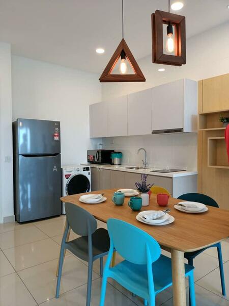 Kitchen features: stainless-steel fridge, white cabinetry, single-bowl stainless-steel sink, chrome pull-down faucet, white countertop, built-in washing machine, dining table with wooden top, 4 dining chairs in various colors, pendant light fixture with wooden frame, ceramic tile flooring, wall-mounted cabinets, open shelving, decorative plant on table; style: modern.