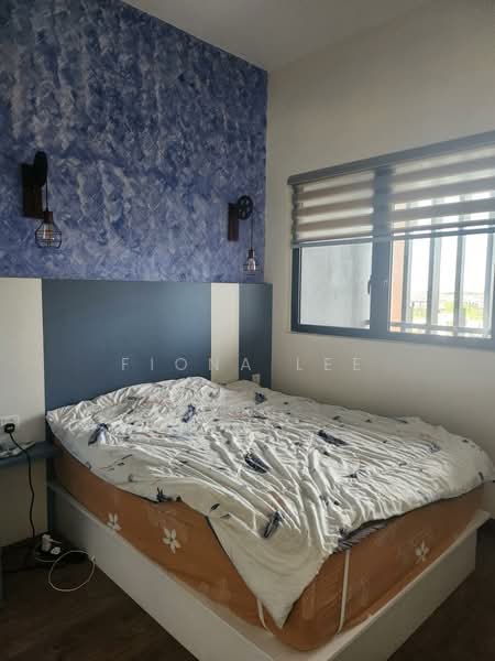 Bedroom features: blue textured accent wall, white painted walls, wooden flooring, queen-size bed with patterned bedding, two wall-mounted lamps, window with horizontal blinds, nightstand with electrical outlet; style: modern.