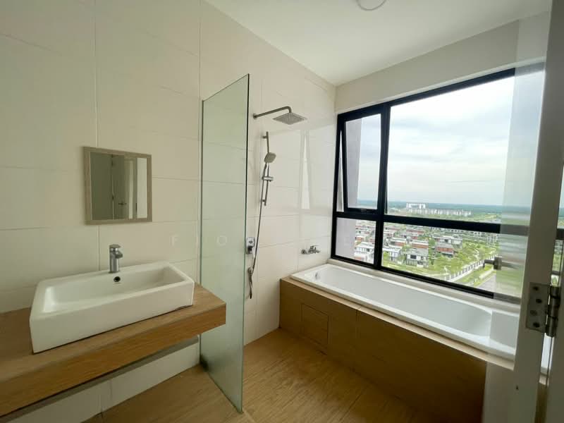 Bathroom features: single-sink vanity with wood cabinet, white ceramic sink, chrome basin mixer, walk-in shower with glass enclosure, rain shower head, bathtub, large window with city view, light-colored wall tiles, wooden flooring, framed mirror; style: modern; view: city.