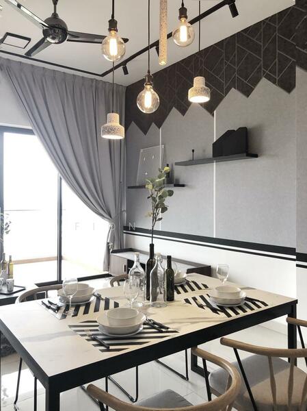 Dining features: rectangular dining table with black and white pattern, 4 dining chairs with wooden frames, grey curtains, pendant lighting with multiple bulbs, decorative vases on the table, glassware and table settings, geometric patterned accent wall, open shelving on the wall; style: modern; view: city.