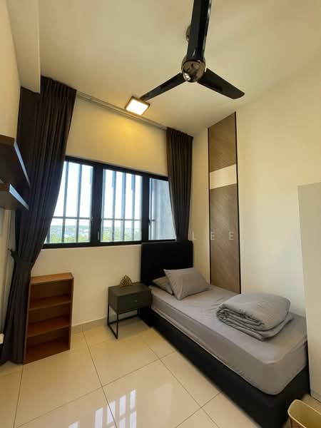 Bedroom features: single bed with grey bedding, black upholstered headboard, wooden bedside table, ceiling fan with light, floor-to-ceiling windows, grey curtains, white painted walls, glossy tile flooring, built-in wardrobe, decorative item on bedside table; style: modern; view: city.