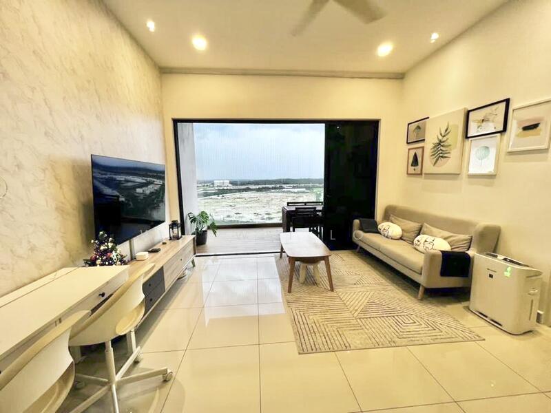 Living features: light grey fabric sofa, wood coffee table, TV console with wall-mounted TV, white walls with textured finish, large sliding glass door, floor-to-ceiling windows, recessed downlights, area rug with geometric pattern, indoor plants, air conditioning unit, decorative wall art; style: modern; view: city.