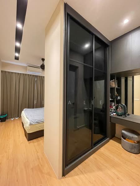 Room features: wooden flooring, black glass sliding wardrobe, wall-mounted mirror, desk with storage, ceiling fan, recessed downlights, curtains, bed with light-colored bedding; style: modern.