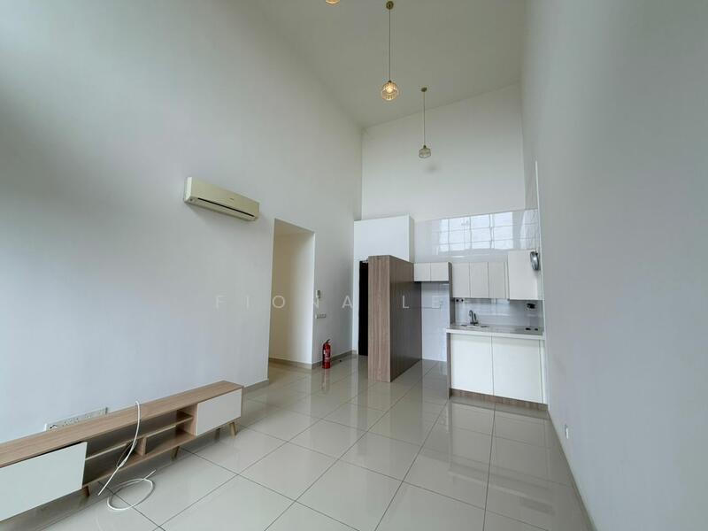 Living features: white painted walls, high ceiling, large windows, tile flooring, 1 wall-mounted split AC, 2 pendant lights, open kitchen layout, wooden TV console, kitchen cabinetry, stainless-steel sink, built-in oven, countertop, fire extinguisher; style: modern.