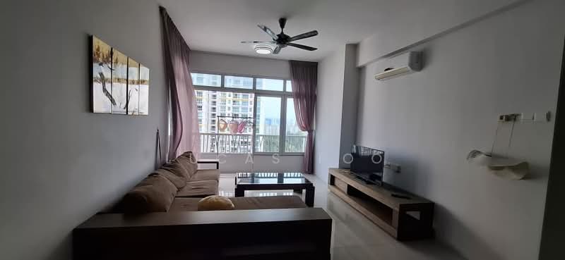 Living features: 3-seater fabric sofa in brown, coffee table, TV console, wall-mounted TV, ceiling fan with light, floor-to-ceiling windows, curtains, light-colored wall, light-colored flooring, air conditioning unit; style: modern; view: city.