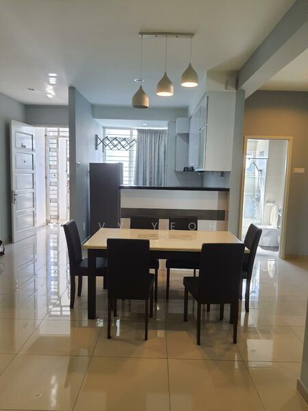 Dining features: 6-seater dining table, black upholstered dining chairs, white tabletop, pendant lighting with three bulbs, grey painted walls, glossy tile flooring, open kitchen layout, kitchen island with bar seating, floor-to-ceiling windows, curtains, refrigerator, door leading to outdoor area; style: modern.